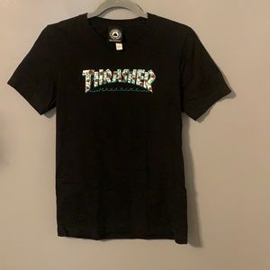 Black short sleeve Thrasher t-shirt with green and rose vine design